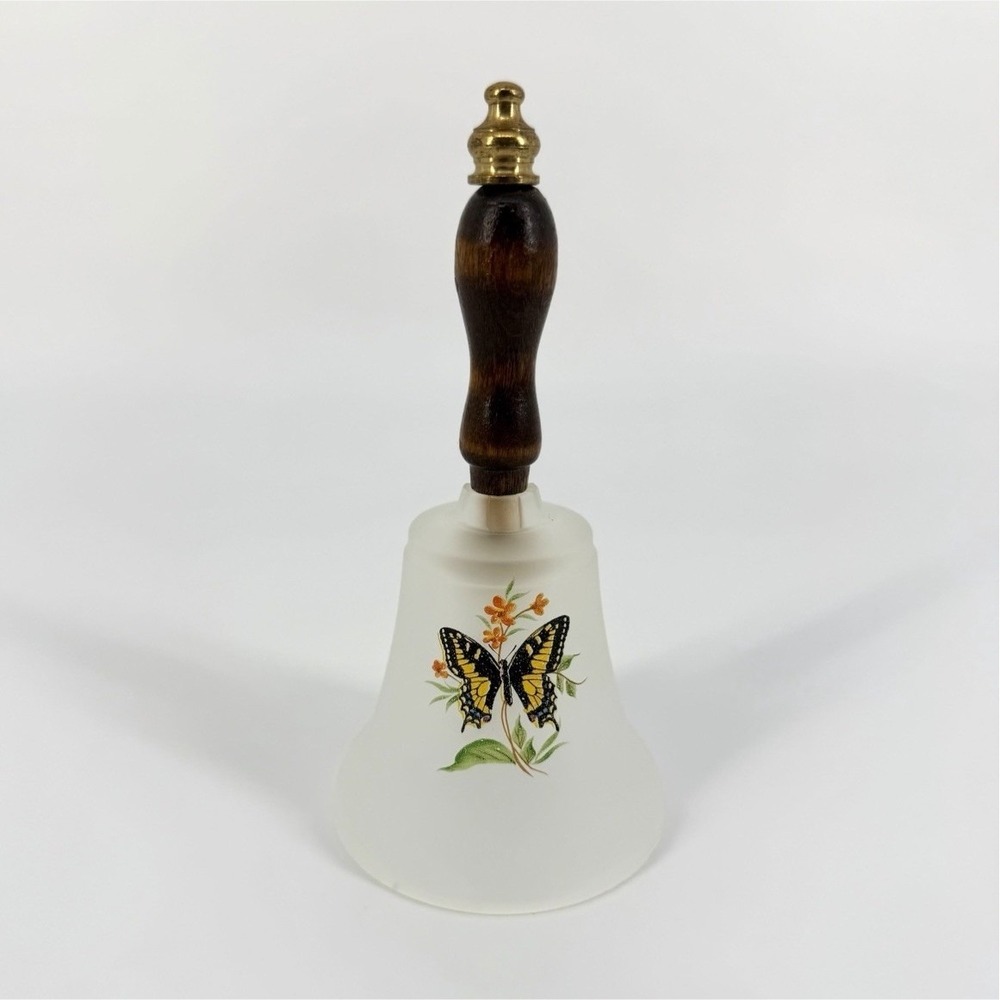 Vintage Frosted Glass Hand Bell Butterfly Design Wood Handle